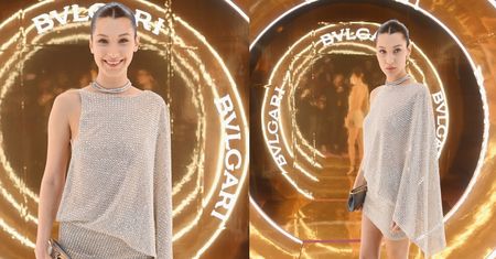 Bella Hadid bez stanika, w DIAMENTOWEJ SUKIENCE pozuje na imprezie Bulgari (ZDJĘCIA)