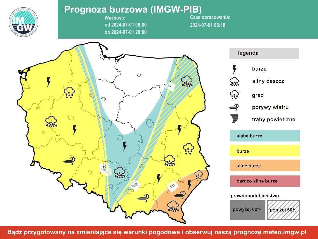 Prognoza burzowa IMGW na poniedziałek, 1 lipca 2024