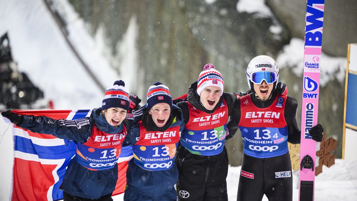 TRONDHEIM, NORWAY - MARCH 5: Anna Odine Stroem of Norway, Eirin Maria Kvandal of Norway, Marius Lindvik of Norway, Johann Andre Forfang of Norway celebrate after the second jump during the Mixed Team HS 138 Ski Jumping Competition at the FIS World Ski Championships Trondheim at Granasen Skisenter on March 5, 2025 in Trondheim, Norway. (Photo by Christian Bruna/VOIGT/GettyImages)