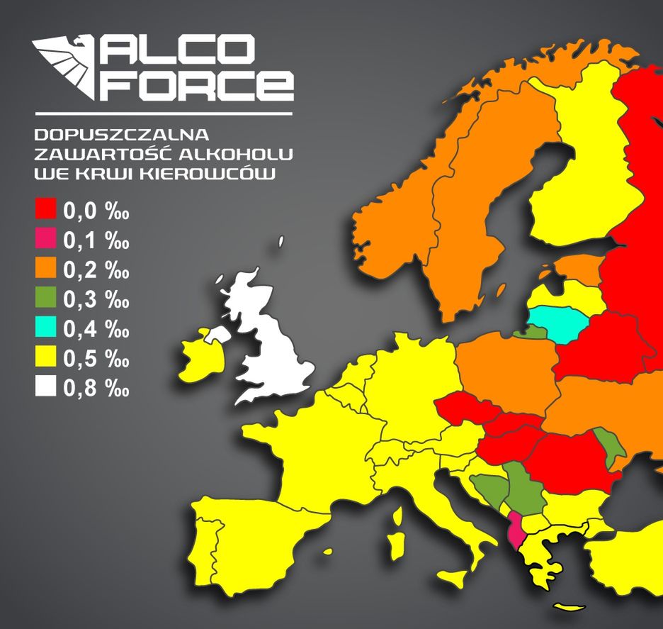 Dopuszczalne stężenie zawartości alkoholu we krwi w wybranych krajach Europy.
