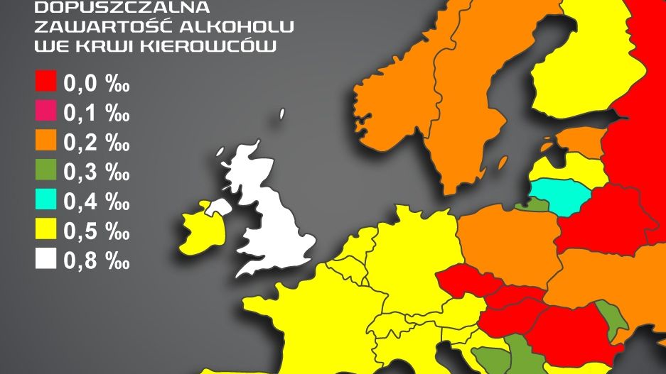 Dopuszczalne stężenie zawartości alkoholu we krwi w wybranych krajach Europy.