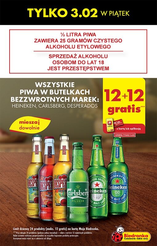 Biedronka piwo 12+12 gratis w piątek, 3.02