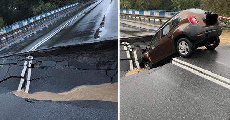 Rzeka przerwała most. Gigantyczna dziura w drodze, asfalt się zapadł