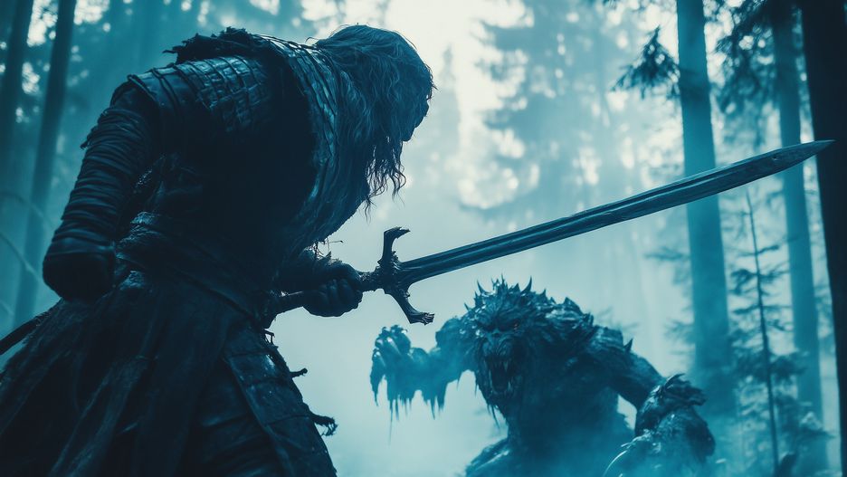 medieval, warrior, sword, fighting, monsters, night, forest, man, ghost, background, male, person, armor, battle, combat, witcher, enemy, dark, scene, mystical, action, danger, hero, shield, knight, gothic, mythical, fight, creature, fantasy, woods