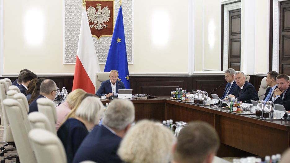 Poland's Prime Minister Donald Tusk speaks to the ministers during the weekly ministerial meeting in Warsaw, Poland, on October 8, 2024. (Photo by Aleksander Kalka/NurPhoto via Getty Images)