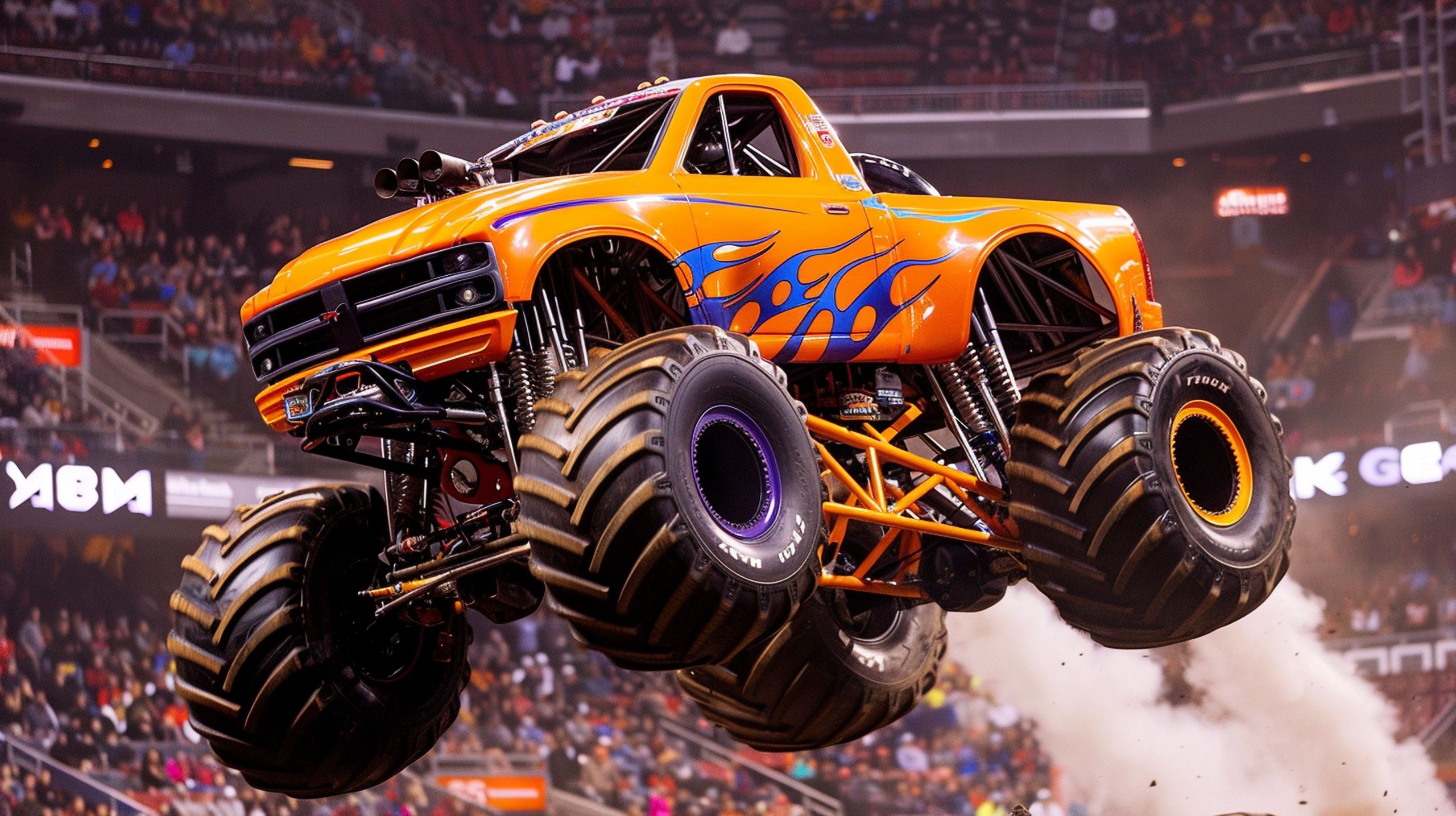 monster truck, oversized wheels, jump, arena, cheering fans, stunt, adrenaline, action, excitement, thrilling, extreme, off-road, powerful, roaring engine, gravity-defying, daredevil, showstopper, entertainment, speed, skillful driving, talented driver, high-flying, loud exhaust, custom design, monster jam, monster truck rally, dirt track, suspension, tires, horsepower, ramps, air time, crowd, audience, spectacular, exhilarating, gravity, impact, amazing, showmanship, monster truck show.