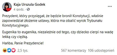 Kaja Godek krytykuję decyzję prezydenta