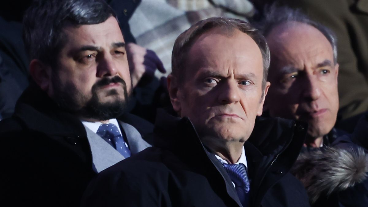 Civic Platform party leader Donald Tusk before the speech of the President of the United States Joe Biden in Warsaw, Poland on February 21, 2023. President Biden visits Poland, after the unexpected visit to Kyiv, ahead of the anniversary of Russian invasion of Ukraine. (Photo by Jakub Porzycki/NurPhoto via Getty Images)