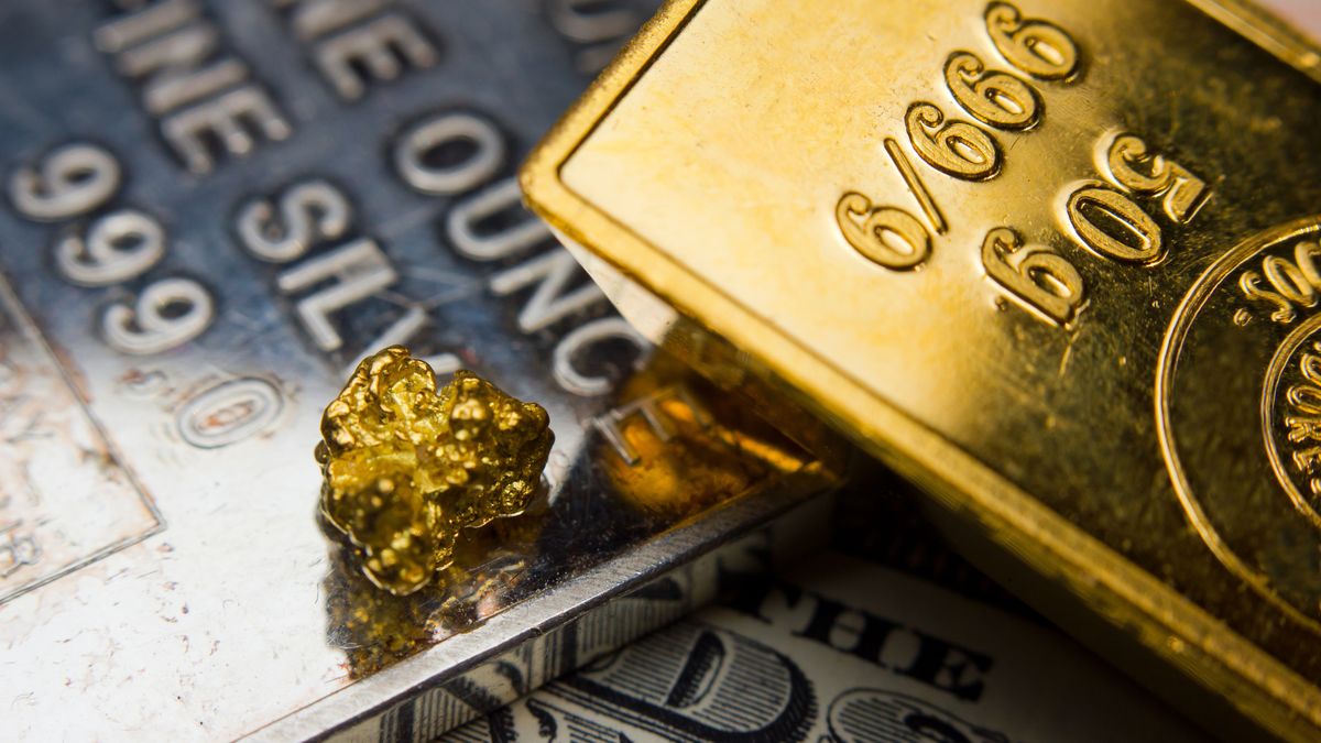 Gold ingot and nugget on top of a troy ounce silver bar
Close-up of a gold ingot and gold nugget on top of a troy ounce silver and US banknotes
gold, nugget, silver, background, coin, ingots, bank, banking, banknote, bar, bullion, business, capital, currency, dollar, economic, economy, fed, federal, reserve, finance, financial, fortune, standard, golden, ingot, investment, isolated, metal, money, precious, recession, rich, saving, symbol, treasure, treasury, trust, value, wealth, wealthy, crisis, development, investing, minerals, mining, raw, trade, concept, bitcoin, gold, nugget, silver, background, coin, ingots, bank, banking, banknote, bar, bullion, business, capital, currency, dollar, economic, economy, fed, federal, reserve, finance, financial, fortune, standard, golden, ingot, investment, isolated, metal, money, precious, recession, rich, saving, symbol, treasure, treasury, trust, value, wealth, wealthy, crisis, development, investing, minerals, mining, raw, trade, concept, bitcoin