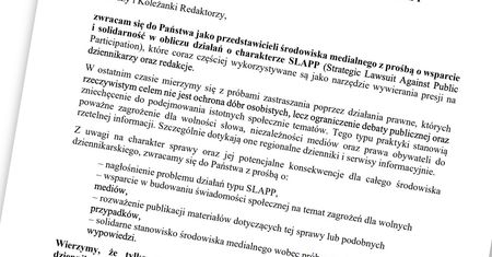 Apel o solidarność mediów w obliczu działań typu SLAPP