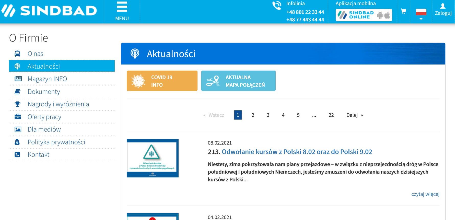 Komunikat na stronie przewoźnika Sindbad