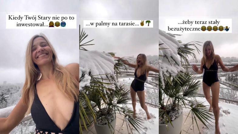 Joanna Koroniewska w stroju kąpielowym brodzi po zaśnieżonym tarasie