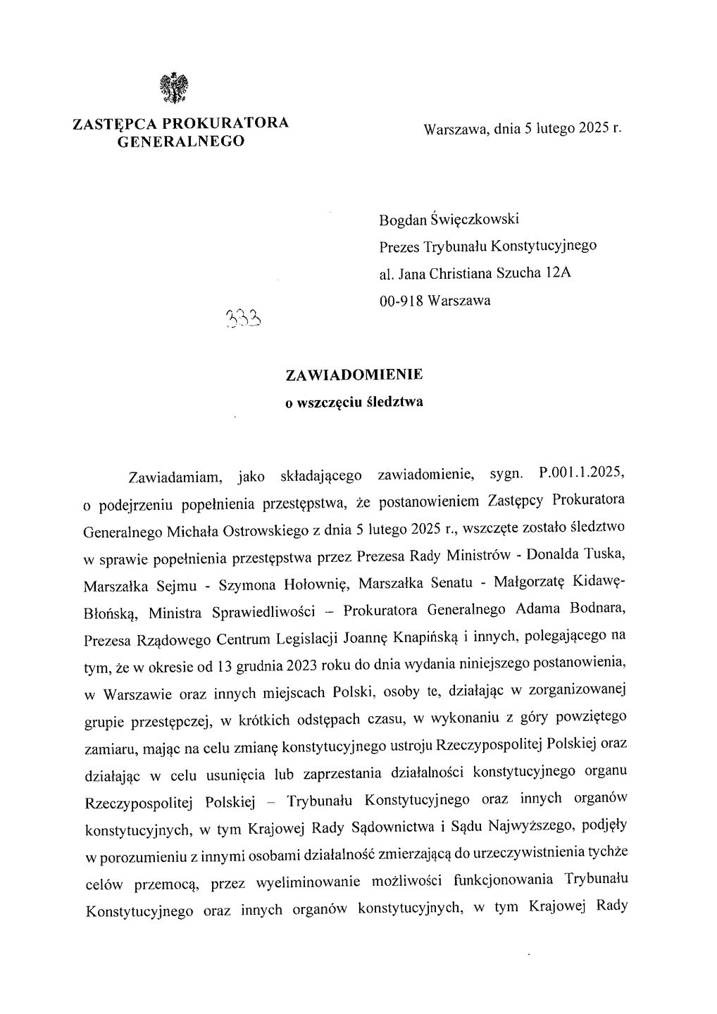 Zawiadomienie o wszczęciu śledztwa