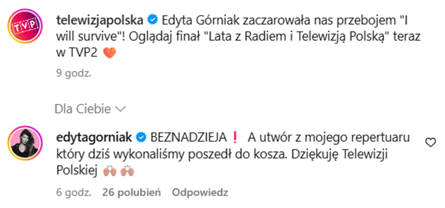 Komentarz Górniak pod postem TVP