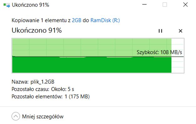 Wydajność portu gigabitowego przy przesyłaniu 1 pliku dwugigabajtowego
