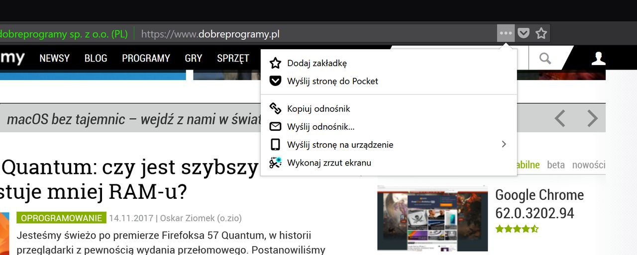 Firefox 57 – menu kontekstowe strony