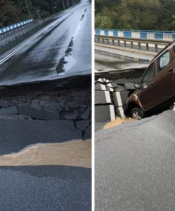 Rzeka przerwała most. Gigantyczna dziura w drodze, asfalt się zapadł