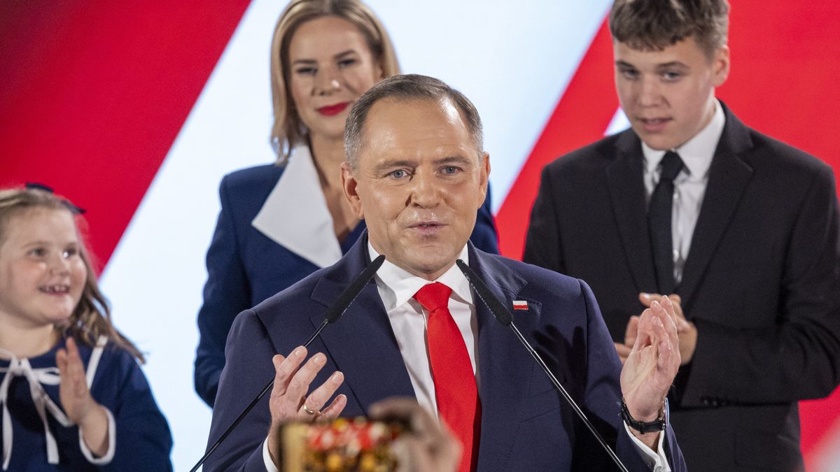 Polish presidential candidate Karol Nawrocki supported by the Law and Justice party after the second round of voting in Poland's presidential election during an election night with family, in Warsaw, Poland, 1 June 2025.
 (Photo by Andrzej Iwanczuk/NurPhoto via Getty Images)