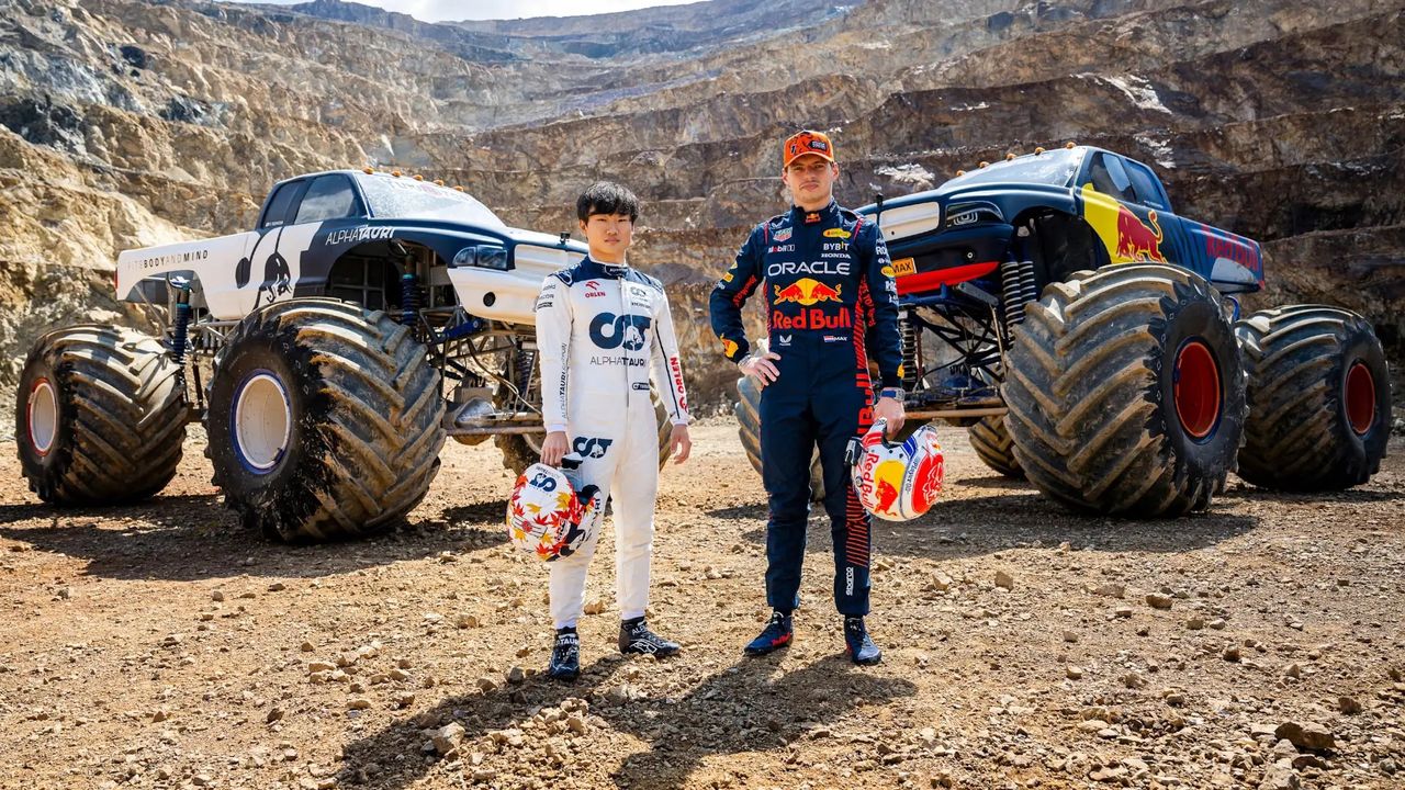 Max Verstappen i Yuki Tsunoda ścigali się w monster truckach