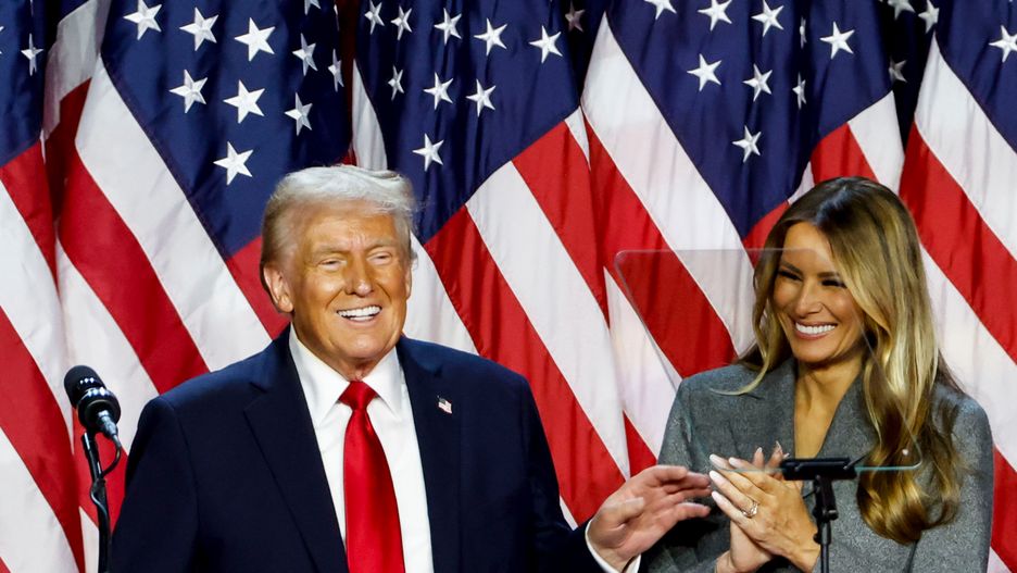 Former US President Donald Trump, left, and former US First Lady Melania Trump during an election night event at the Palm Beach Convention Center in West Palm Beach, Florida, US, on Wednesday, Nov. 6, 2024. Trump is on the cusp of recapturing the White House, projected as the winner across pivotal swing states with his party set to control the Senate and markets swinging in expectation of his possible victory. Photographer: Eva Marie Uzcategui/Bloomberg via Getty Images