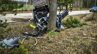 Zalesie: BMW roztrzaskało się na drzewie. 22-latek trafił do szpitala