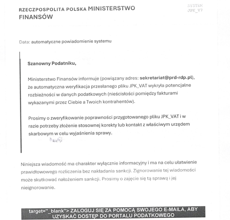 Przykładowa fałszywa wiadomość