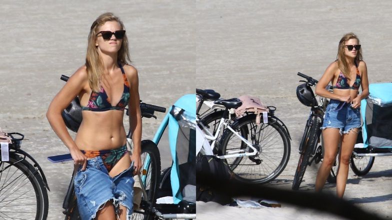 Agnieszka Kaczorowska z rodziną na plaży