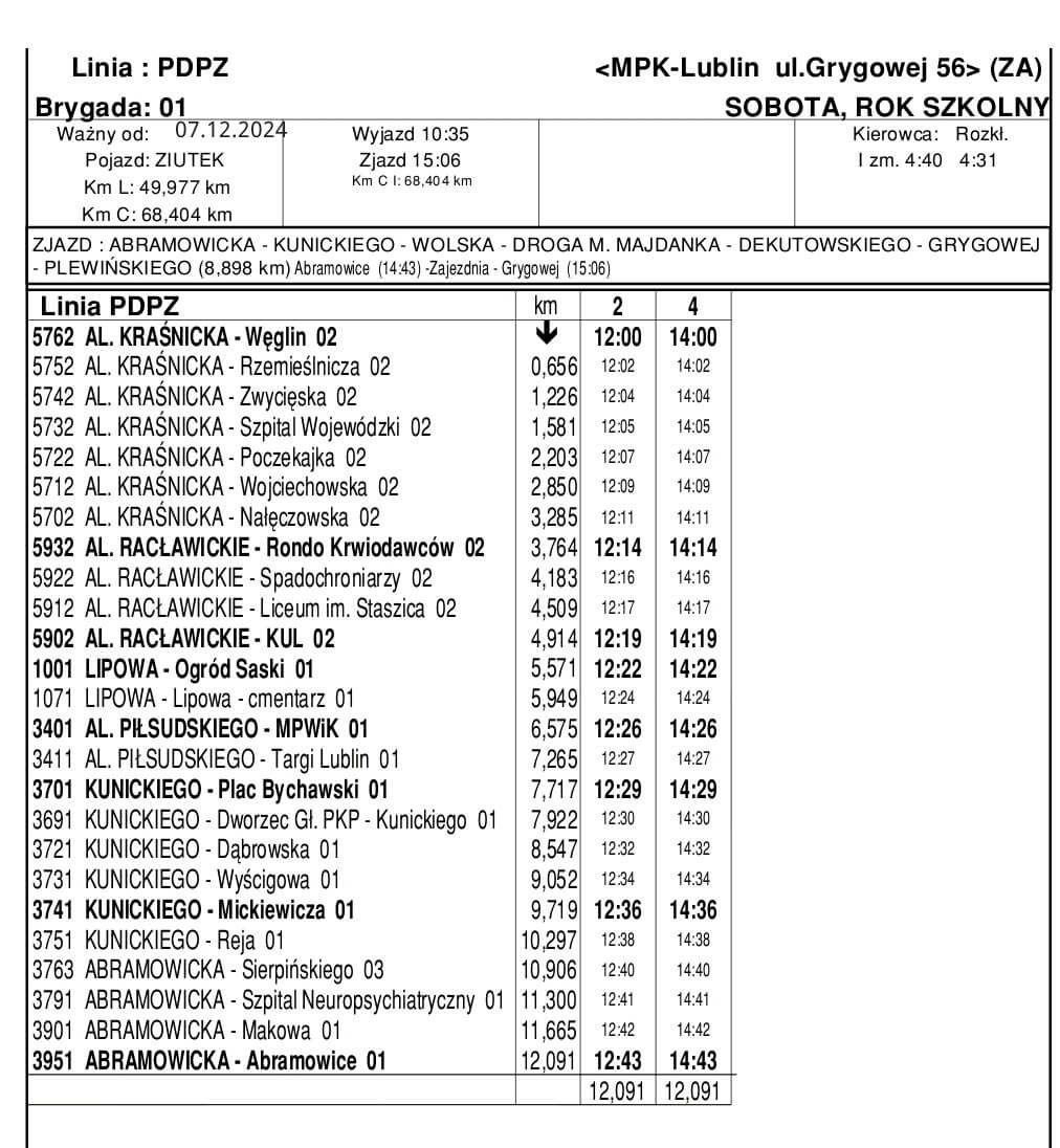 PDPZ 2024 ZIUTEK - ROZKŁAD JAZDY: KRAŚNICKA - ABRAMOWICKA
