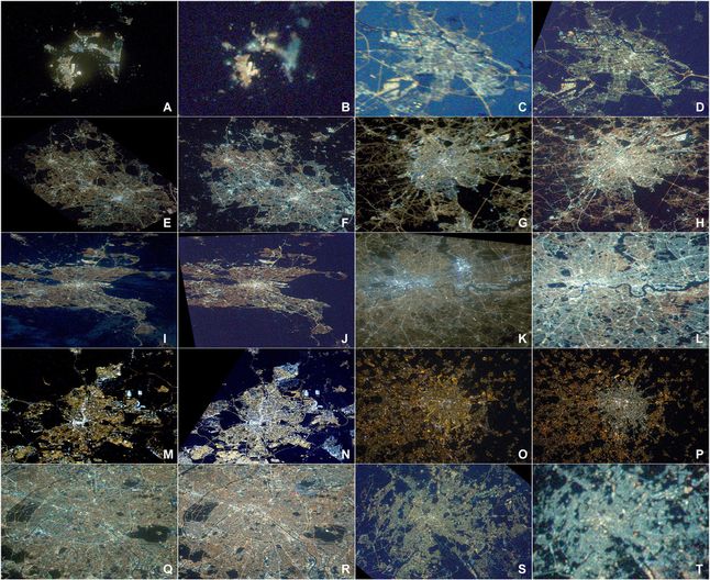 Mapa pokazuje zmiany w Europie przed i po wymanie świateł: Gibraltar/ Algeciras (A, B), AMstertam (C, D), Birmingham (E, F), Bruksela (G, H), Dublin (I, J), Londyn (K, L). Madryt (M, N), Mediolan (O, P), Paryż (Q, R), Rzym (S, T). 