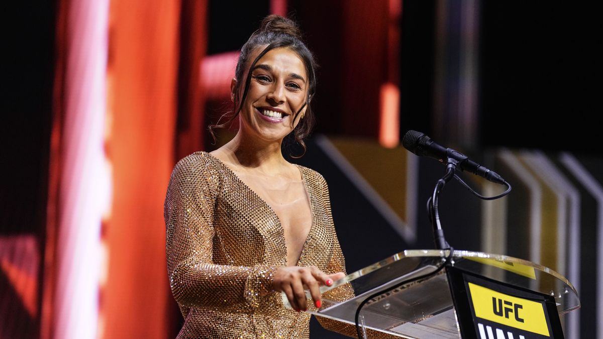 LAS VEGAS, NEVADA - JUNE 27: Joanna Jedrzejczyk is inducted during the UFC Hall of Fame 2024 Induction Ceremony at T-Mobile Arena on June 27, 2024 in Las Vegas, Nevada. (Photo by Chris Unger/Zuffa LLC via Getty Images)