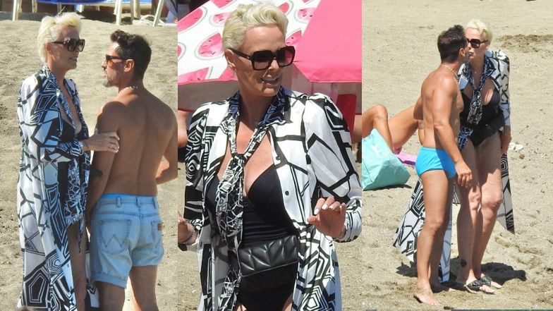 Brigitte Nielsen wymienia CZUŁOŚCI z mężem i prezentuje szczupłą sylwetkę na plaży w Marbelli (ZDJĘCIA)