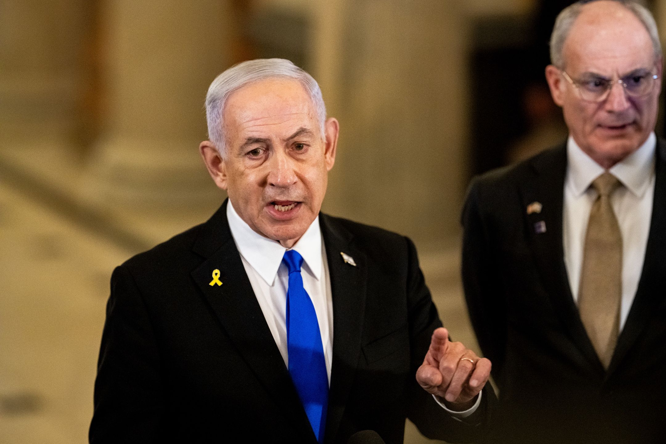 Benjamin Netanyahu, Israel's prime minister, speaks to members of the media following a meeting with US House Speaker Mike Johnson, a Republican from Louisiana, not pictured, at the US Capitol in Washington, DC, US, on Tuesday, July 8, 2025. Netanyahu on Monday told President Donald Trump he nominated him for the Nobel Peace Prize, using a visit to the White House to further cement the pair's relationship as the US presses for a ceasefire in Gaza. Photographer: Graeme Sloan/Bloomberg via Getty Images