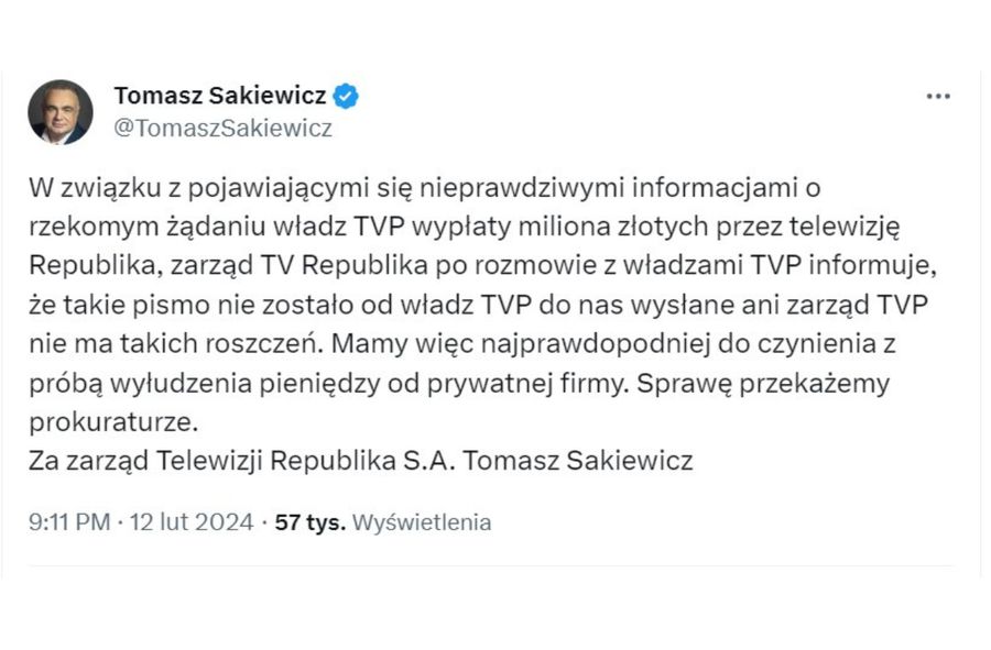Stanowisko Tomasza Sakiewicza w kwestii TVP S.A.