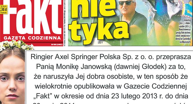 „Fakt” zaczął przepraszać na pierwszej stronie Monikę Janowską