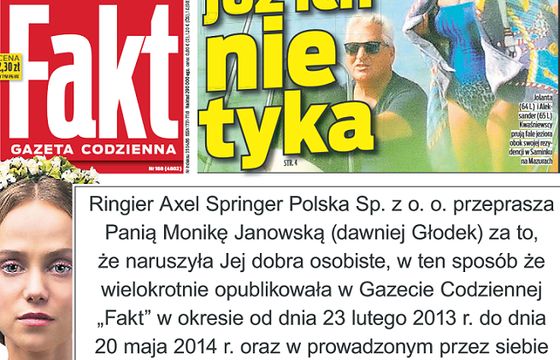 „Fakt” zaczął przepraszać na pierwszej stronie Monikę Janowską