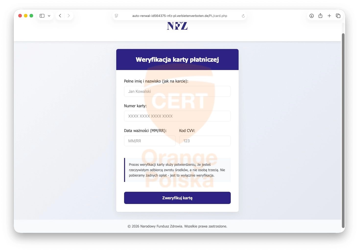 Etap wyłudzenia danych karty w fałszywym formularzu