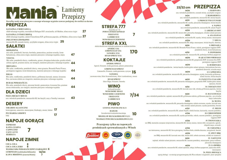 Menu pizzerii Mania Smaku we Wrocławiu