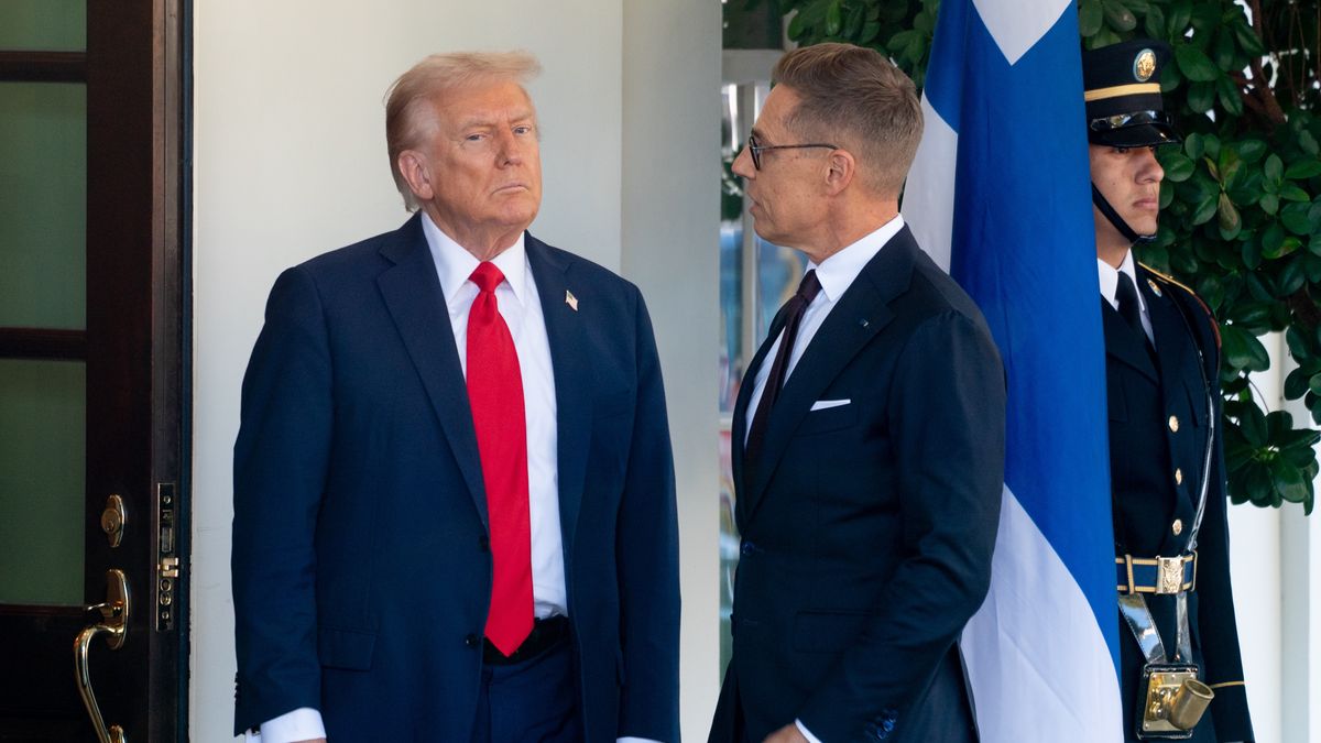 US President Donald Trump, left, and Alexander Stubb, Finland's president, outside the West Wing of the White House in Washington, DC, US, on Thursday, Oct. 9, 2025. Stubb says Finland expects to deliver the first icebreaker to the US by 2028 as part of the countries' deal. Photographer: Stefani Reynolds/Bloomberg via Getty Images