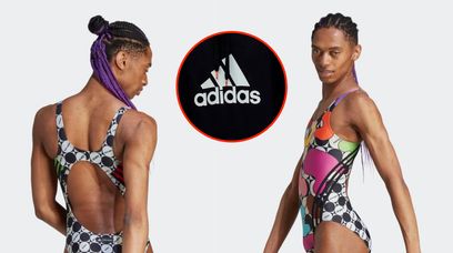 Adidas z kolekcją na Miesiąc Dumy. Męski model w damskim stroju kąpielowym