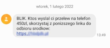 SMS z oszustwem na BLIK