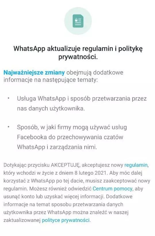 Nowa polityka prywatności WhatsApp