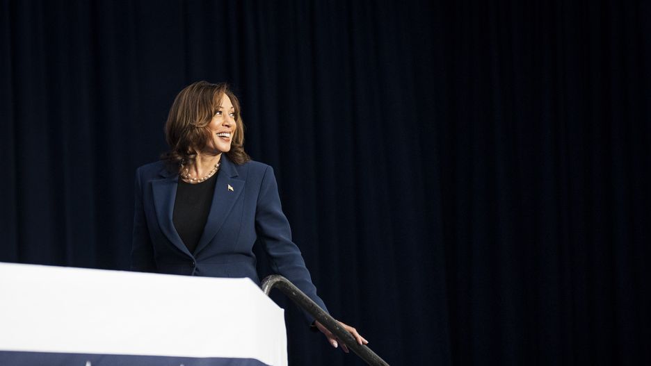 WEST ALLIS, WI - JULY 23: Vice President Kamala Harris speaks at a campaign event on July 23rd, 2024 at West Allis Central High School. (Photo by Sara Stathas for the Washington Post)