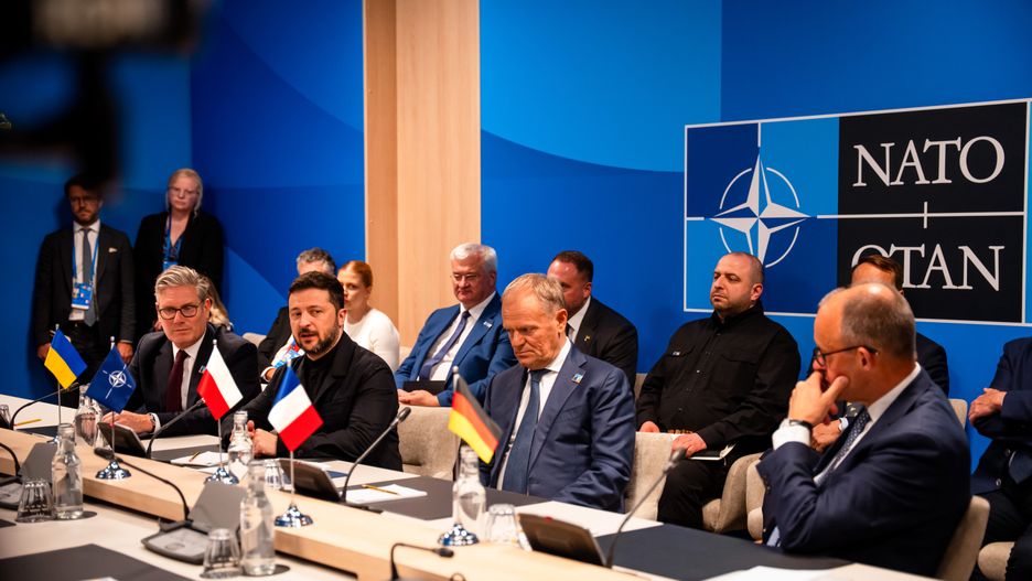THE HAGUE, NETHERLANDS - JUNE 25: (L-R) Keir Starmer, UK prime minister, Volodymyr Zelenskiy, Ukraine's president, Donald Tusk, Poland's prime minister, and Friedrich Merz, Germany's chancellor, during a meeting at the North Atlantic Treaty Organization (NATO) summit on June 24, 2025 in The Hague, Netherlands. This year's NATO summit, which brings together heads of state and government from across the military alliance, is being held in the Netherlands for the first time. Among other matters, members are to approve a new defense investment plan that raises target for defense spending to 5% of GDP. (Photo by Lina Selg - Pool/Getty Images)