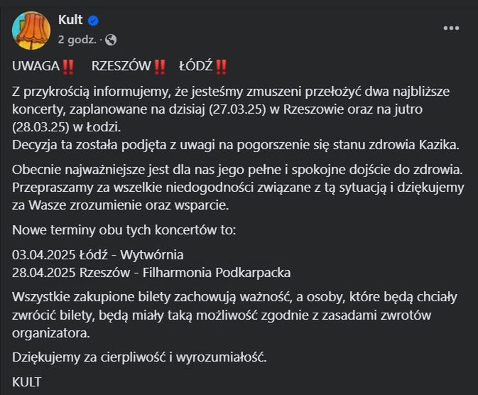 Zespół Kult wydał oficjalne oświadczenie