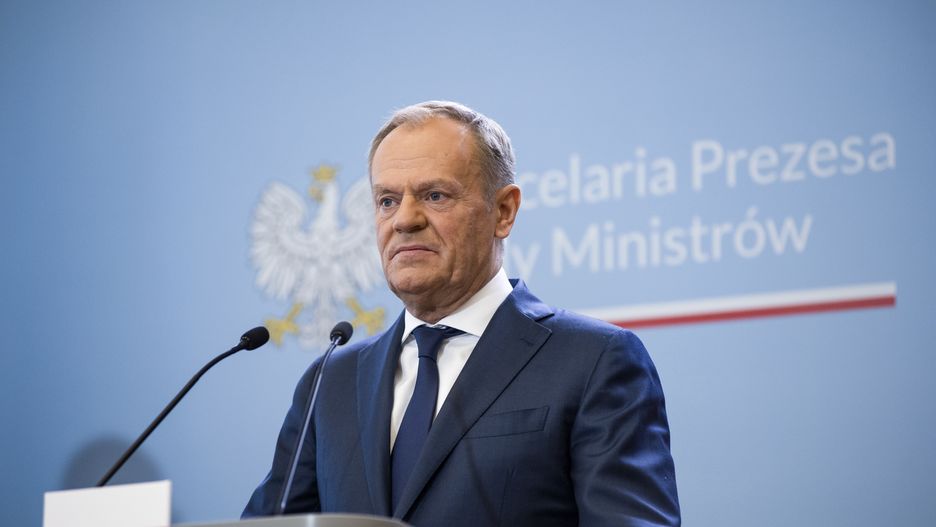 WARSAW, POLAND - 2024/03/28: PM Donald Tusk speaks at a press conference with Prime Minister Denys Shmyhal in Warsaw. Poland's Prime Minister Donald Tusk and Ukraine's Prime Minister Denys Shmyhal signed agreements as the Polish and Ukrainian governments hold talks seeking to end an impasse over trade, with Polish farmers angry over the influx of Ukrainian food and agricultural products which they blame for hurting their business. The Prime Ministers also talked about strong support and how to strengthen Ukraine in the war. (Photo by Attila Husejnow/SOPA Images/LightRocket via Getty Images)