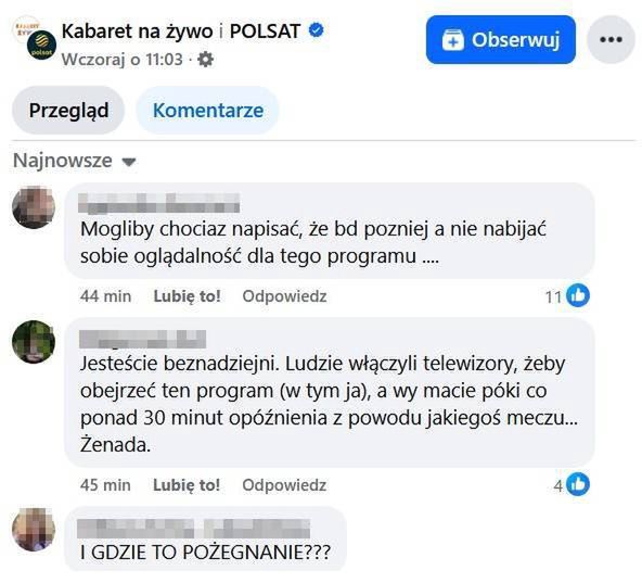 Krytyczne komentarze pod postem Telewizji Polsat