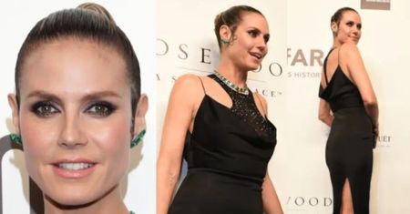 Posągowa Heidi Klum w sukience Versace kokietuje na ściance. Widać ciążowy brzuszek?