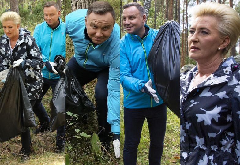 Dobrani kolorystycznie Andrzej i Agata Dudowie sprzątają las i sadzą drzewa