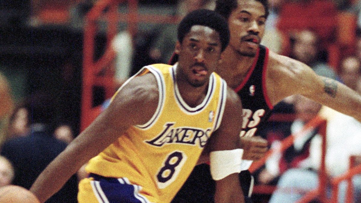 Los Angeles Lakers Kobe Bryant (8) during Game 2 action during the NBA Playoff game against Portland Trailblazers, April 26, 1998 in Inglewood, California.  (Photo by Bob Riha, Jr./Getty Images)