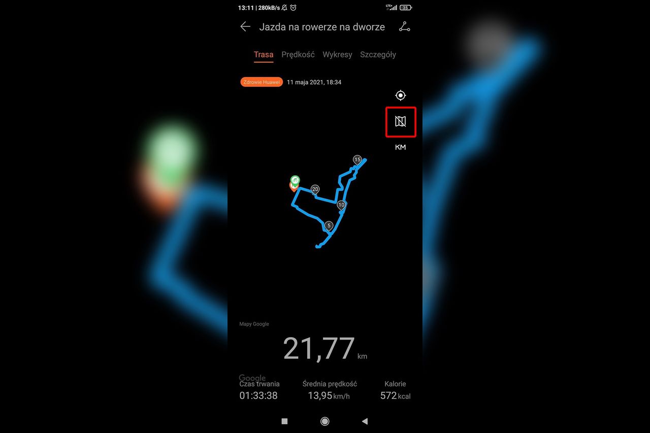 Ikona przekreślonej mapki (zaznaczona na czerwono) ukrywa mapę w aktywności Huawei Health.